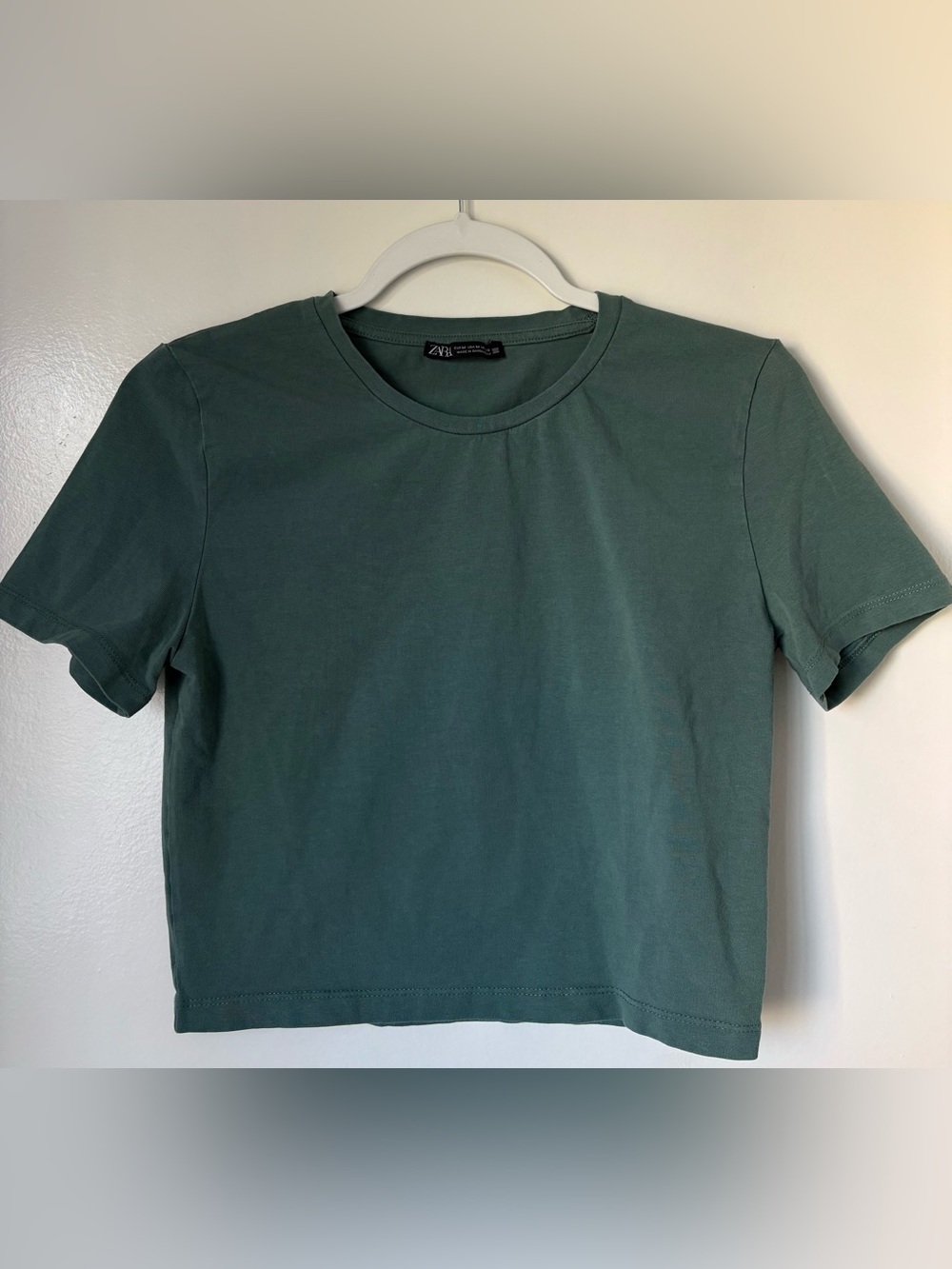 ZARA Crew Neck cropped top T-Shirt in Teal Green